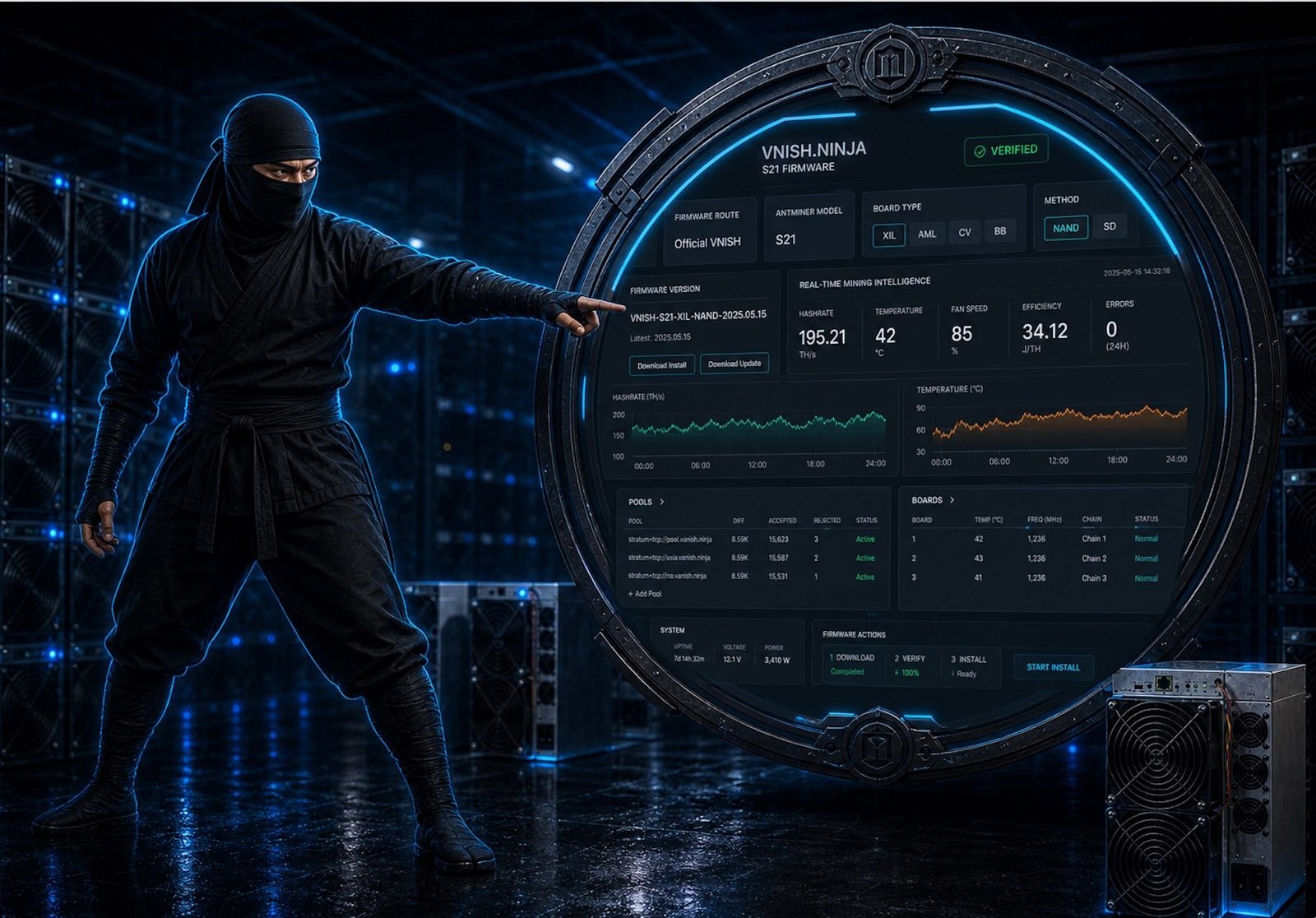 The ninja points at the giant firmware cockpit