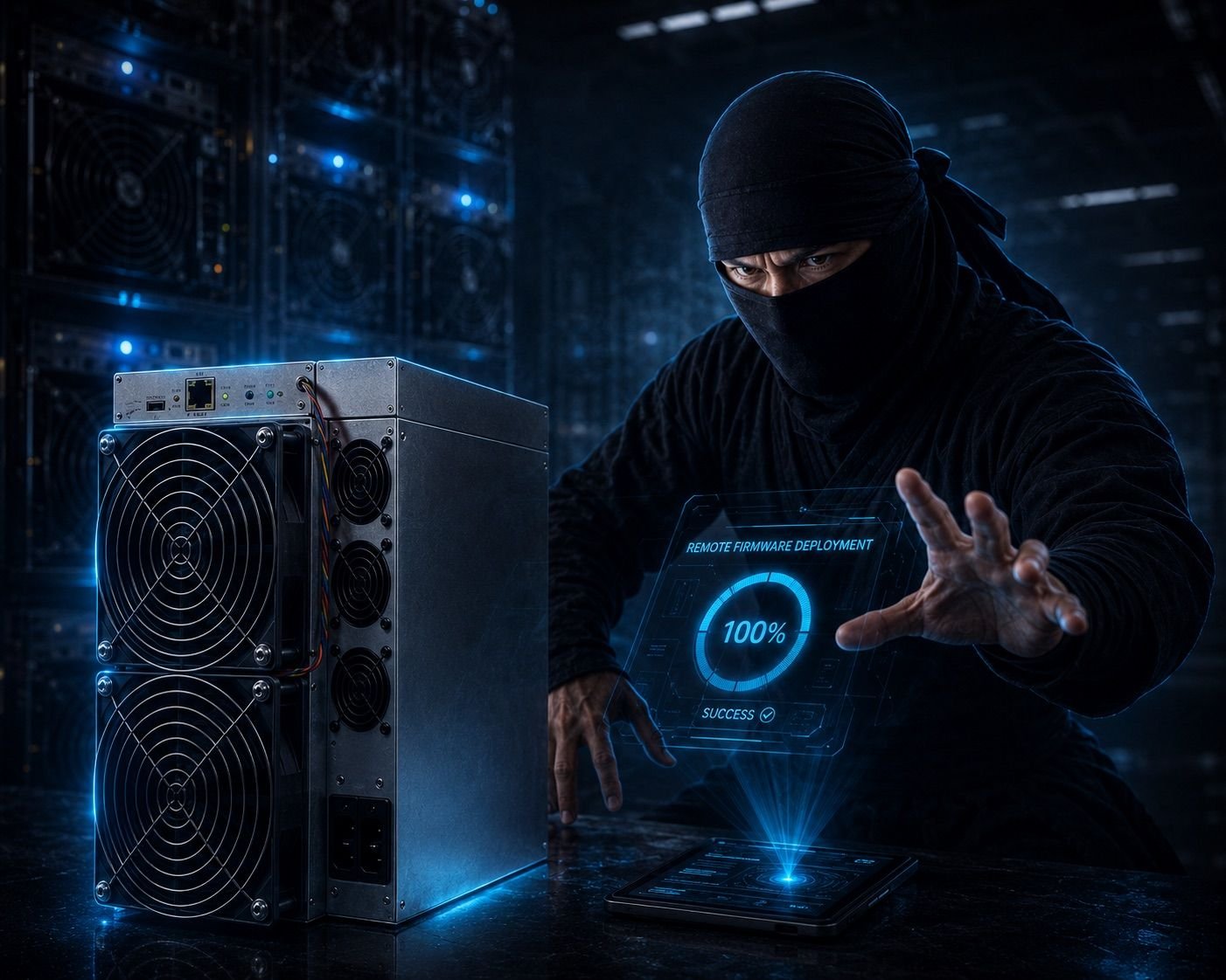 Remote firmware deployment: 100 percent, success — the ninja completes the install