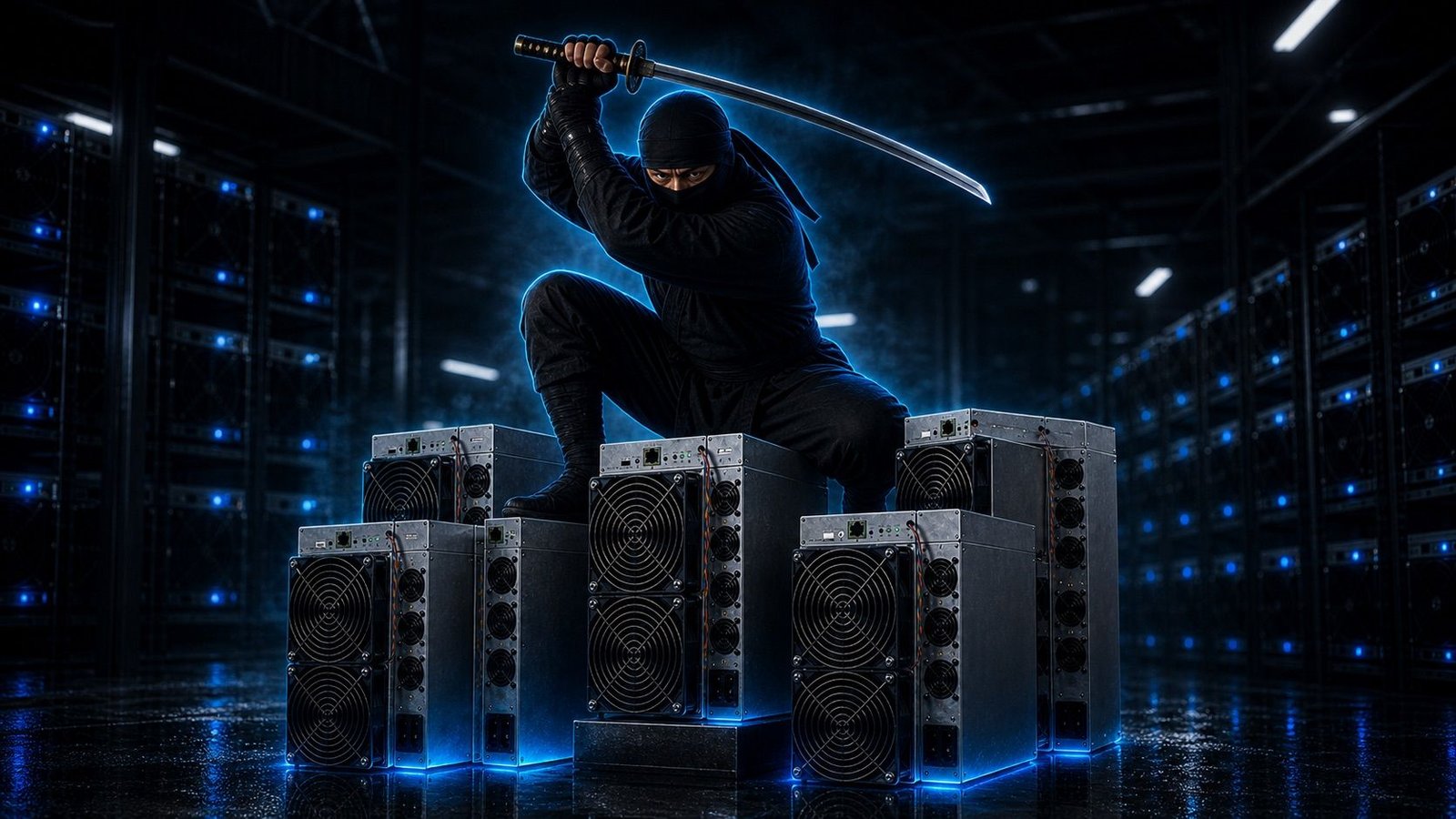 The ninja crouches on a stack of real Antminers, katana drawn, datacenter behind