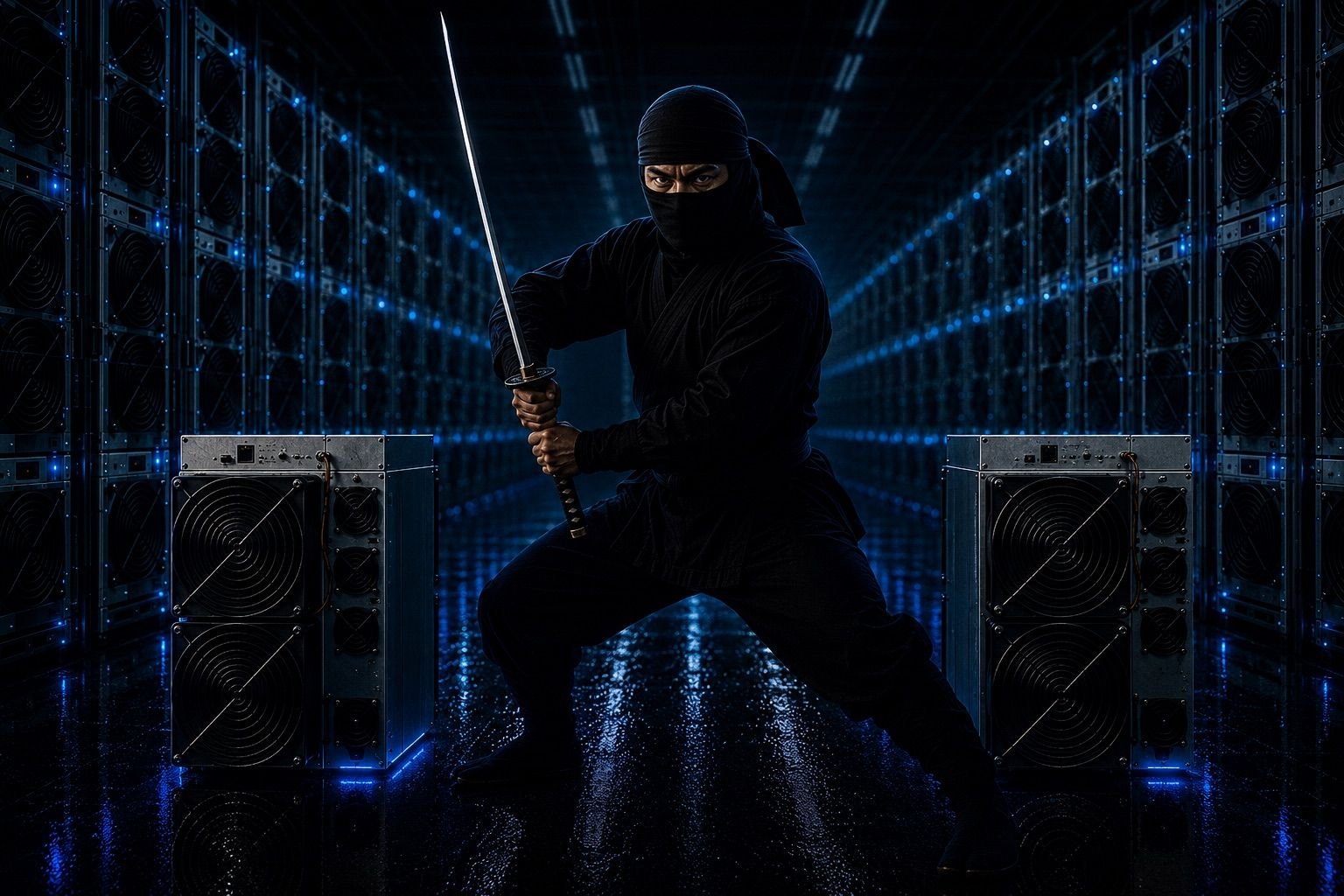 The ninja in fighting stance, katana drawn, between two Antminers in a blue datacenter corridor