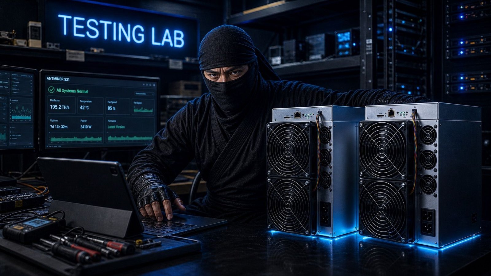 The testing lab: two Antminers on the bench, telemetry on every screen